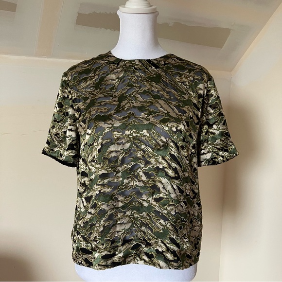 Rag & Bone Gia Camouflage-print Devoré-satin Silk Top In Green Multi size XS - Picture 3 of 9
